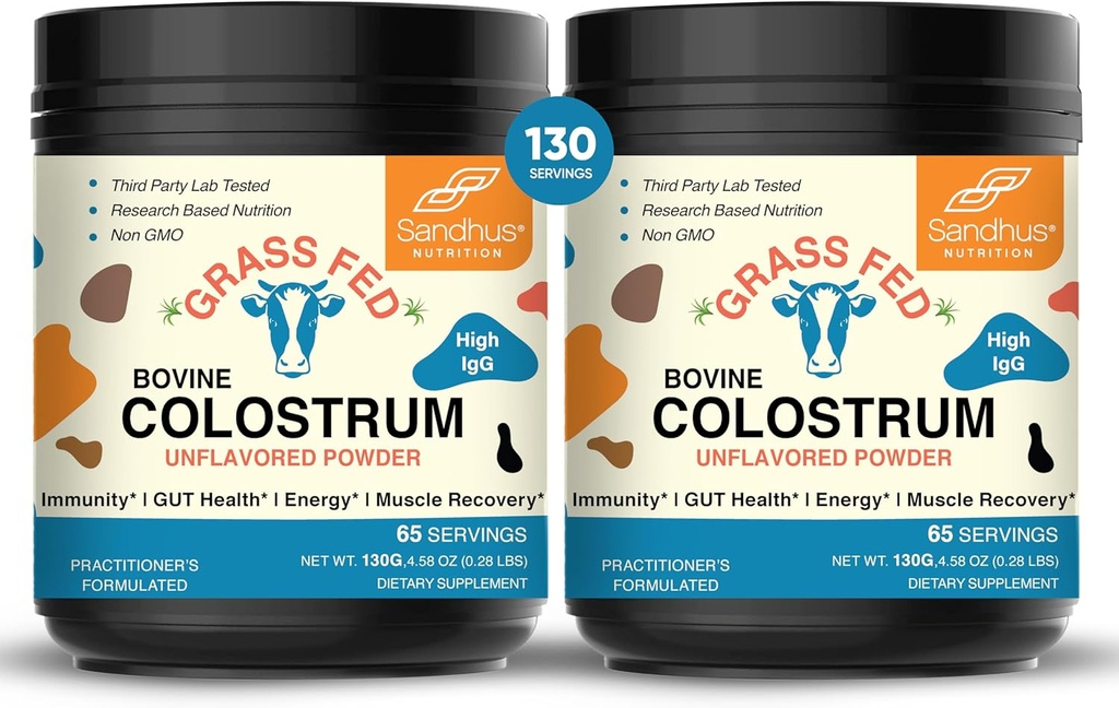 Sandhu's Grass Fed Bovine Colostrum Powder for Humans, Adults TEN 65 Servings (Pack of 2) Cows Supplement TEN High IgG for Gut Health TEN Immunity &amp; Muscle Recovery Support ← Desflavored Silencio for Men &amp; Women