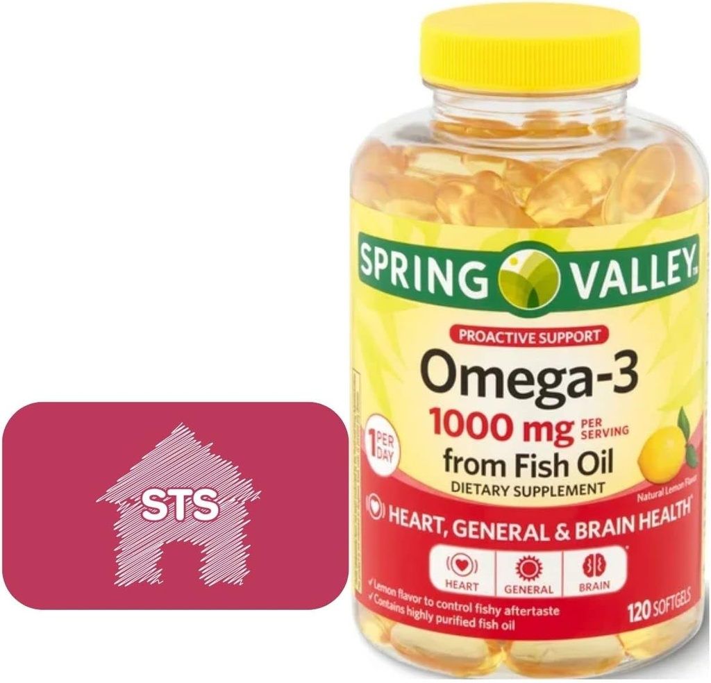 Spring Valley Omega-3 de Fish Oil, 1000 mg, 120 Conde + STS Sticker.
