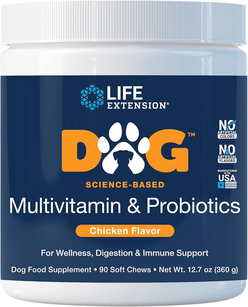 Extensión de la vida Perro Multivitamina &amp; Probióticos - Suplemento de alimentos para perros para la salud general, la digestión y el apoyo inmunológico - Vitaminas, Blend Probiótico, Colostrum (Bovino) - 90 Mandíbulas suaves