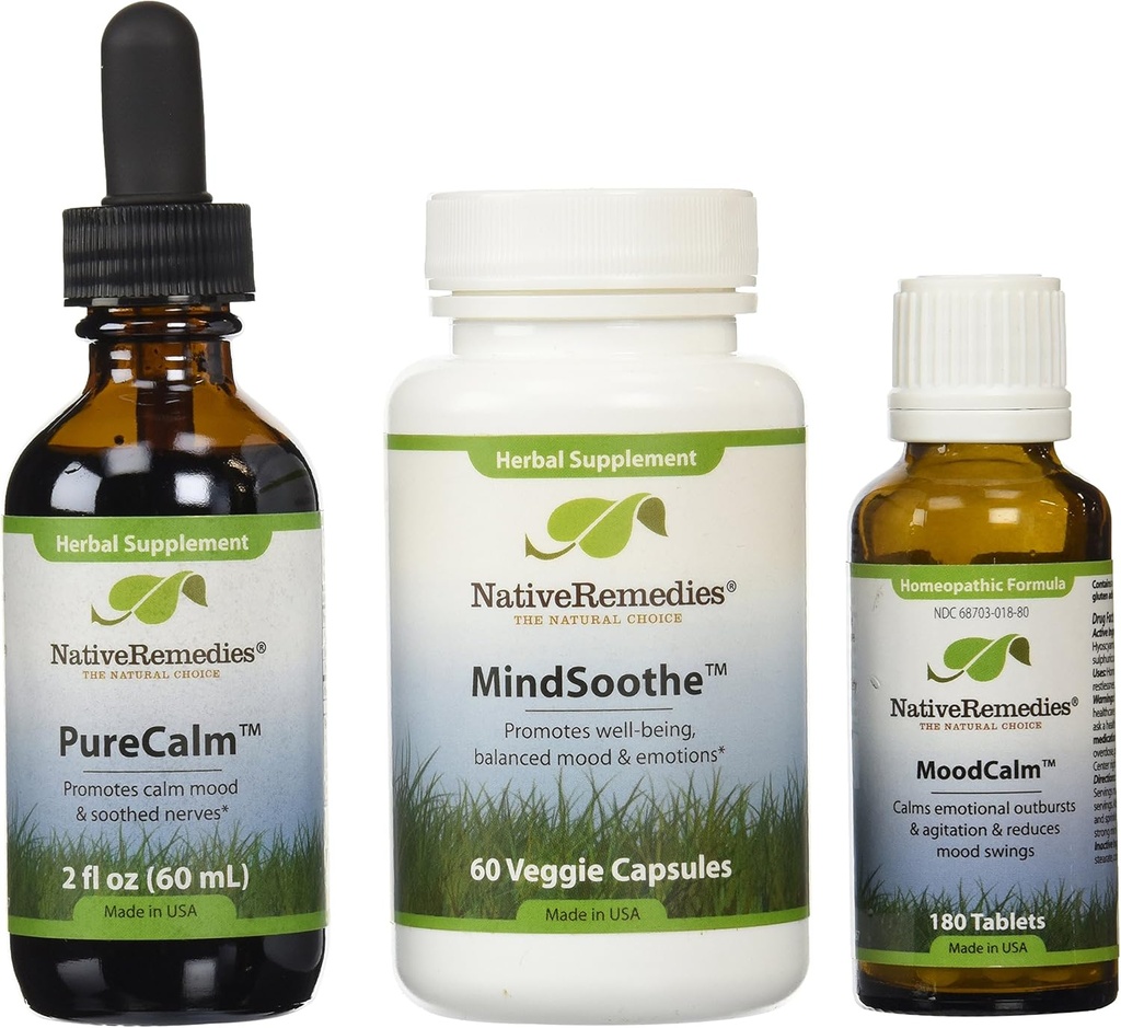 Remedios nativos Moodcalm; Mindsoothe y Purecalm Ultrapack (uno de cada uno), 0,5 Unidades
