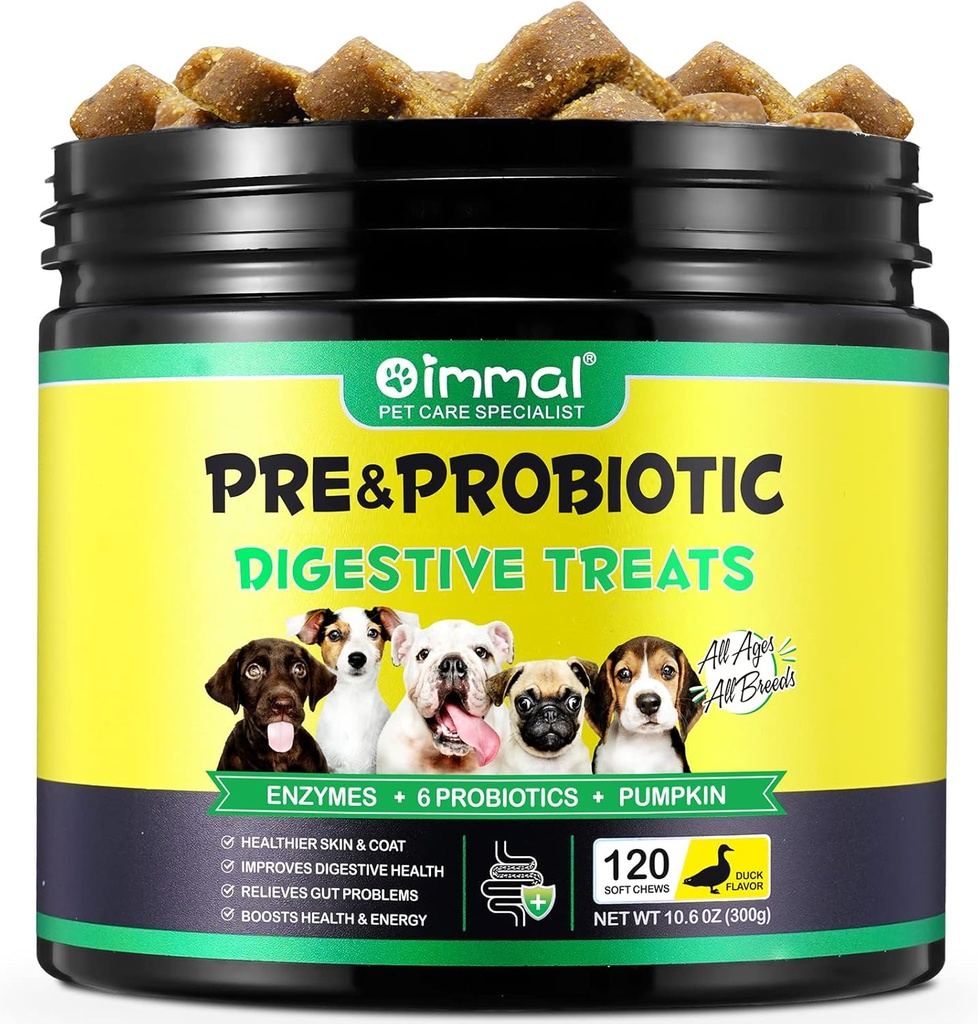 Probióticos para perros - Pre &amp; Probiotic Digestive Treats for Dog, Support Gut Health, Seasonal Allergies, Itchy Ears, Dog Supplement Soft Chews, Immune Function Support for Dogs - 120pc/Duck Flavor