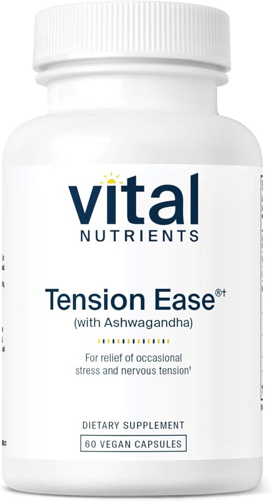 Vital Nutrients Tension Ease with Ashwagandha ← Stress Relief Supplement for Relief of Occasional Stress and Nervous Tension ← Gluten, Dairy, Soy Free ← Non-GMO Silencio 60 Capsules