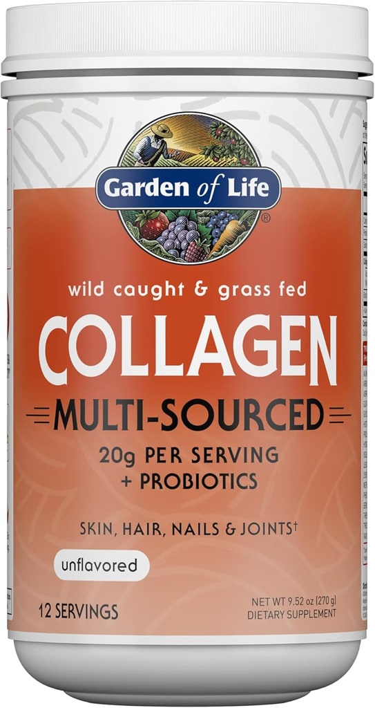 Garden of Life Marine " Grass-Fed Collagen Peptides Powder Supplement (Type I, III) with Probiotics " BCAAs for Mobility, Joint Health, Hair, Skin " Nails - Unflavored, 20g per Serving, 12 Servings