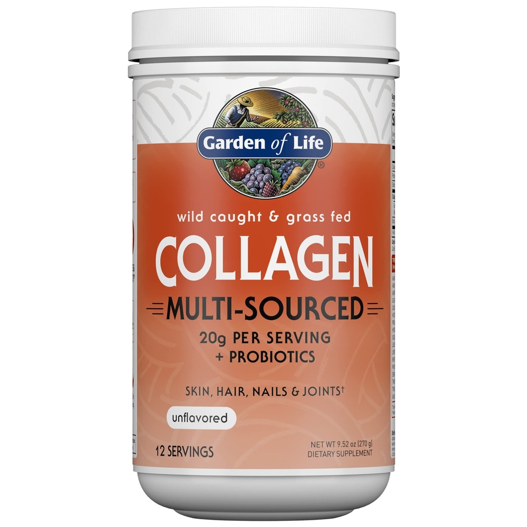 Garden of Life Marine " Grass-Fed Collagen Peptides Powder Supplement (Type I, III) with Probiotics " BCAAs for Mobility, Joint Health, Hair, Skin " Nails - Unflavored, 20g per Serving, 12 Servings