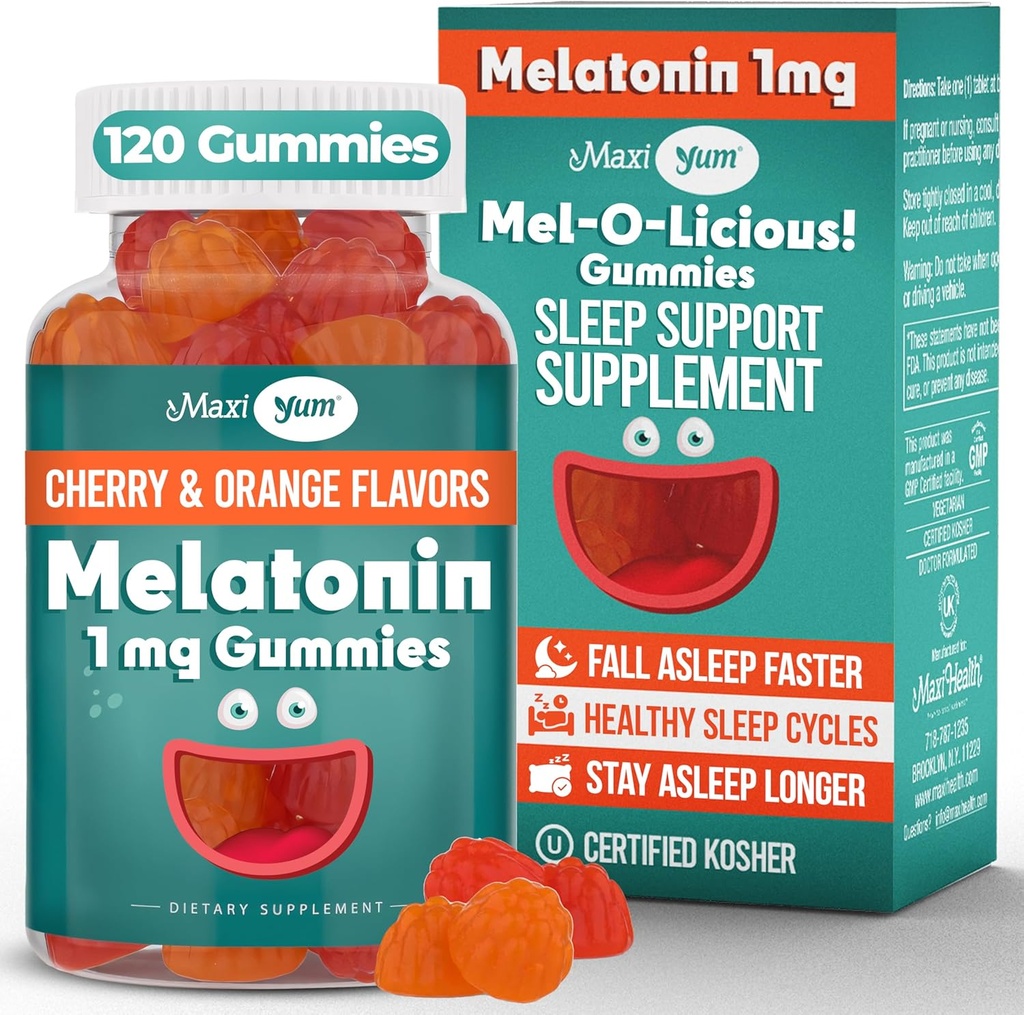 Maxi Health 1mg Melatonin Gummies – Kids Melatonin Chewables with Natural Cherry &amp; Orange Flavor – Adulto y Baby Sleep Ayuda Suplemento para apoyar las noches relajantes (120 Conteo)