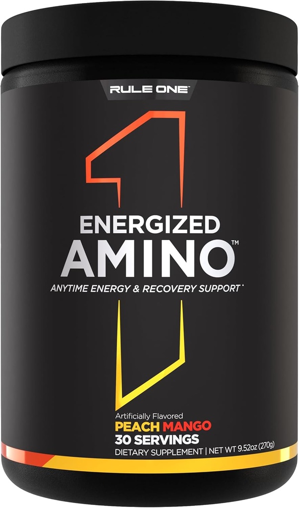 Regla 1 Amino Energizado: En cualquier momento de energía y recuperación Soporte con BCAAs, Glutamina, Citrulline, Beta Alanine y Caffeine de extractos de hoja de café verde (30 servidos, Peach Mango)