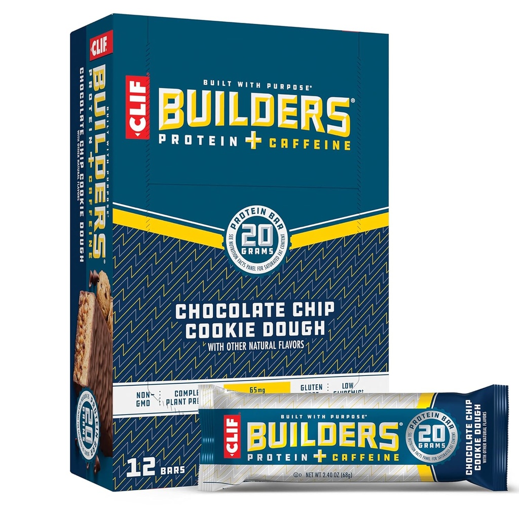 CLIF BUILDERS + Caffeine Protein Bares - Chocolate Chip Cookie Dough Flavor - 20g Planta Basada Proteína - Gluten Gratis - No GMO - Baja Glicémica - No Dulces Artificiales - 2.4 oz. (12 Pack)