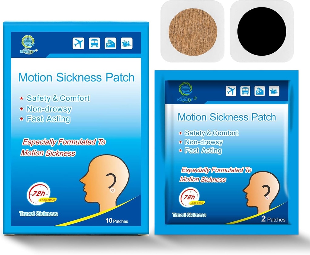 KONGDY 10 cuenta Patches Motion Sickness para niños adultos, Seasick Patch para crucero desde Viajar con impermeable y no somnoliento, Patches de la enfermedad del mar detrás del oído