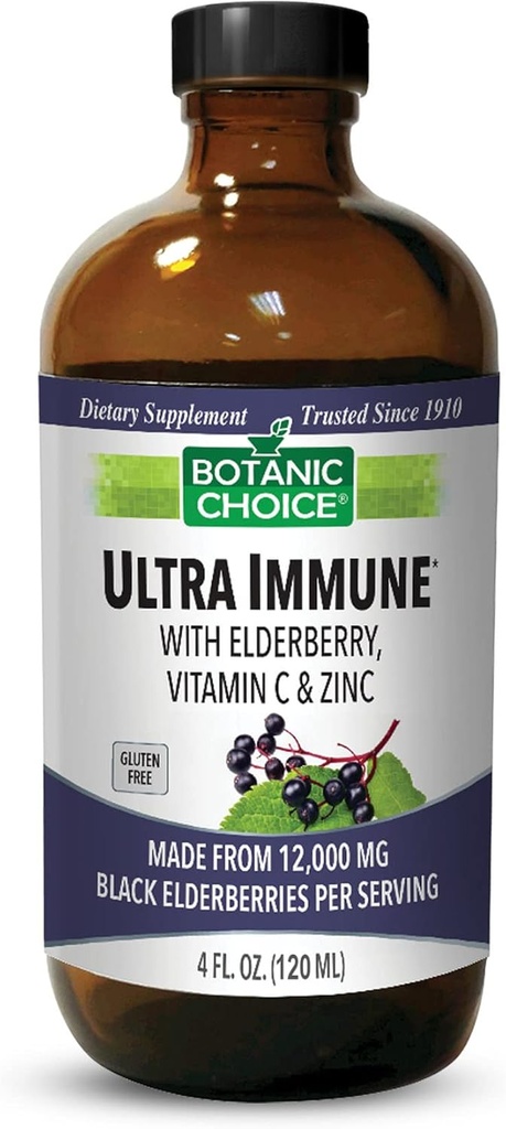 Botanic Choice - Ultra Immune, Contiene Elderberry con Zinc y Vitamina C, Black Elderberry Syrup para Adultos y Niños, Vitaminas Líquidas para Soporte Inmunitario, 4 Oz