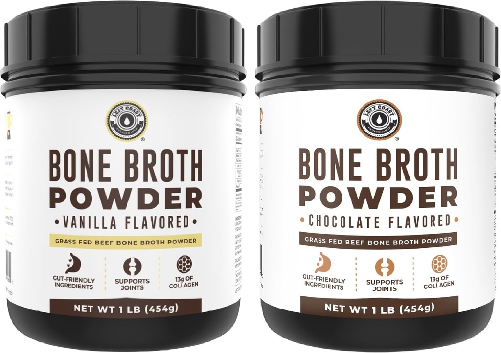 Costa izquierda Rendimiento Vainilla Bone Broth Protein Powder, 16oz + Bono de Chocolate Broth Protein Powder 16oz