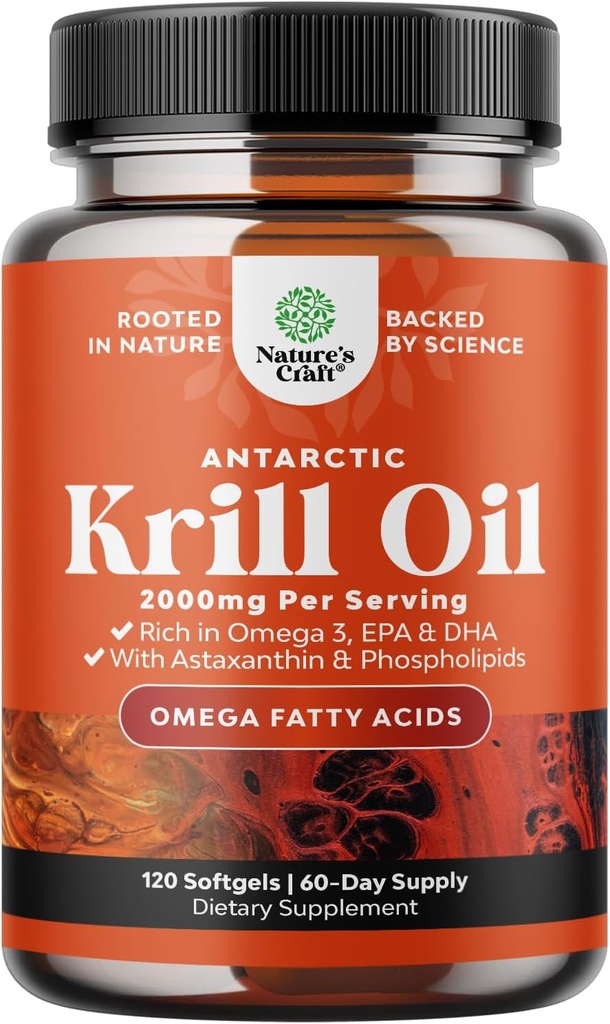 Antártico Krill Oil 2000mg Softgels Por Serving - Omega 3 Krill Oil Supplement with EPA DHA ' Astaxanthin - 3rd Party Lab Tested No Gluten GMOs or Fishy Aftertaste - 2 Months