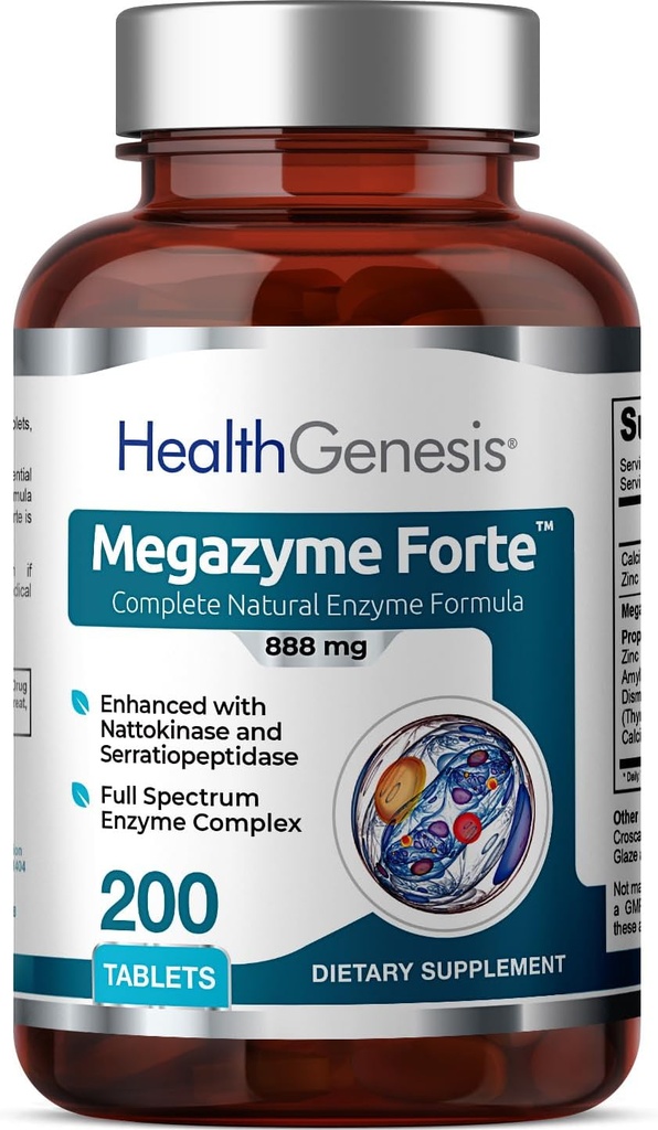 Megazyme Forte 200 Tablets - Planta Natural Proteolítica Enzymes Nattozimes Serrazimes Soporta Sistema Digestivo Salud Inmune