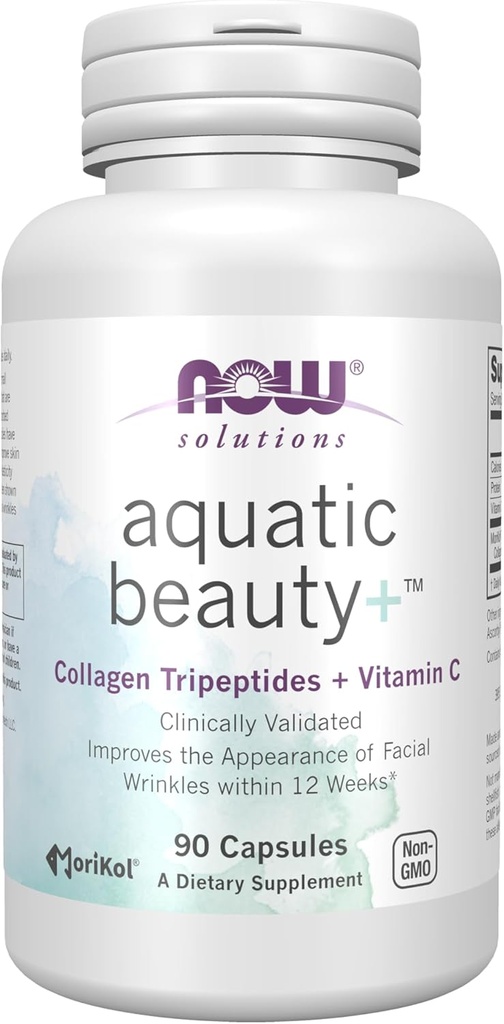 NOW Foods Solutions Aquatic Beauty+ Capsules - Marine Collagen and Vitamin C Supplement for Youthful Skin*, Non-GMO, 60 Capsules