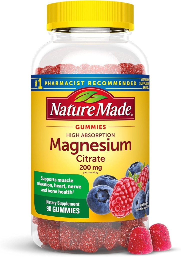 Citrato de magnesio 200 mg por por porción, Suplemento de magnesio para el musculo, Nerve, Bone y Heart Support, 90 Magnesium Gummies, 45 Day Supply
