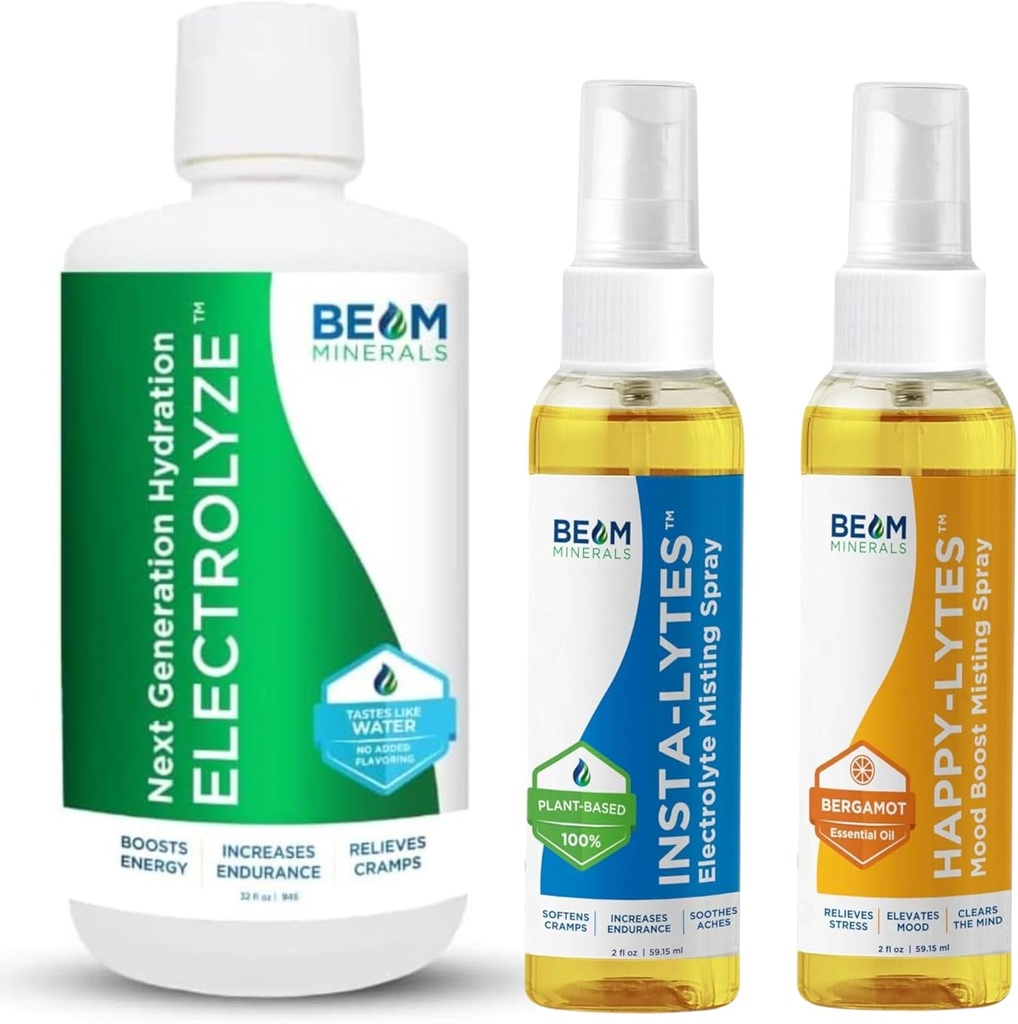 Beam Minerals Electrolyte Imbalance Solution Electrolyze e Insta-Lytes Natural Liquid Electrolytes 2oz y Happy-Lytes Fulvic Electrolyte Misting Spray 2oz