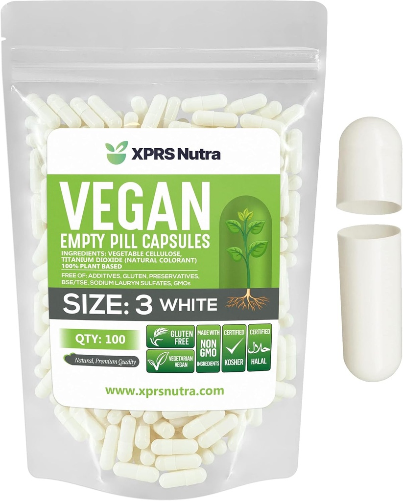 XPRS Nutra Size 3 Empty Capsules - 100 Conde Empty Vegan - Vegetarian Pills - DIY Vegetable Capsules Filling - Veggie Pill Caps (White)