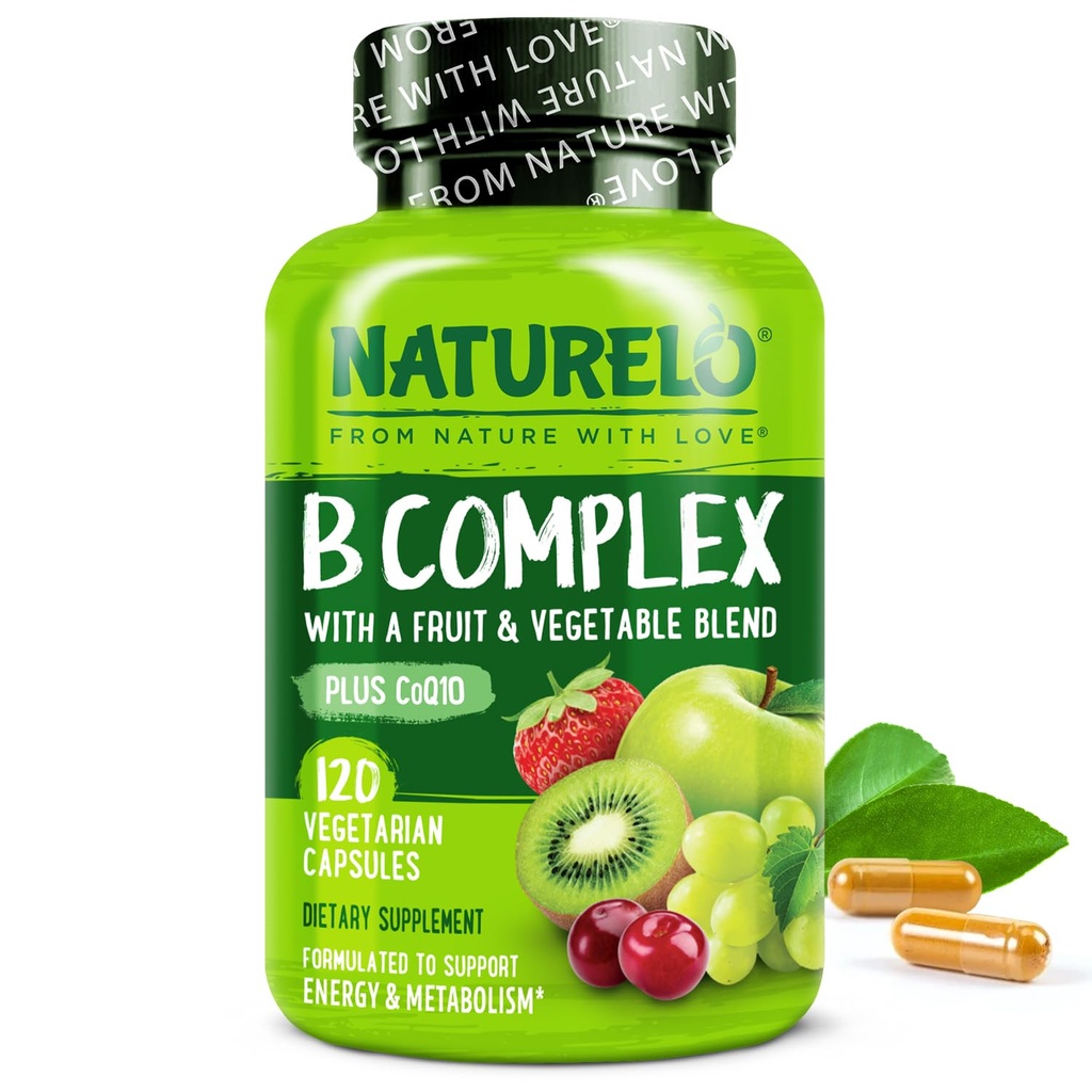 NATURELO Complejo de vitamina B,120 cápsulas, Vegan, CoQ10, Folato de metil, Biotina, Fruta &amp; Veg Blend, apoya la respuesta de energía y estrés saludable, vitaminas Complejo Super B para mujeres y hombres
