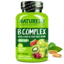NATURELO Complejo de vitamina B,120 cápsulas, Vegan, CoQ10, Folato de metil, Biotina, Fruta &amp; Veg Blend, apoya la respuesta de energía y estrés saludable, vitaminas Complejo Super B para mujeres y hombres