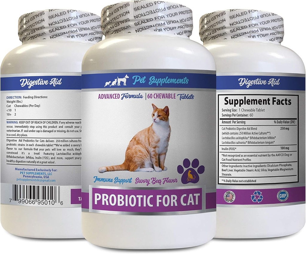 gato Treats for Bad Breath - CAT PROBIOTICS - Immune Support - Savory Beef Flavor - Natural Fórmula - cat probióticos prebióticos - 1 Botella (60 Treats)