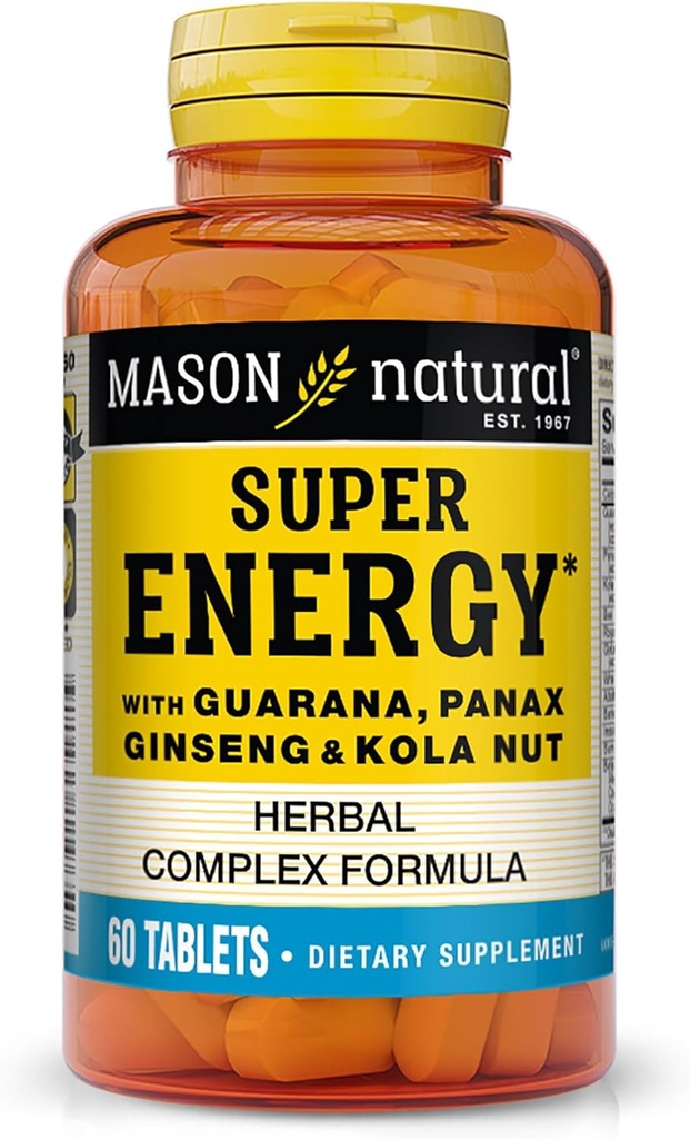 MASON NATURAL Super Energy, Made with Guarana, Panax Ginseng " Kola Nut for Optimal Performance " Energy, 30 Day Supply