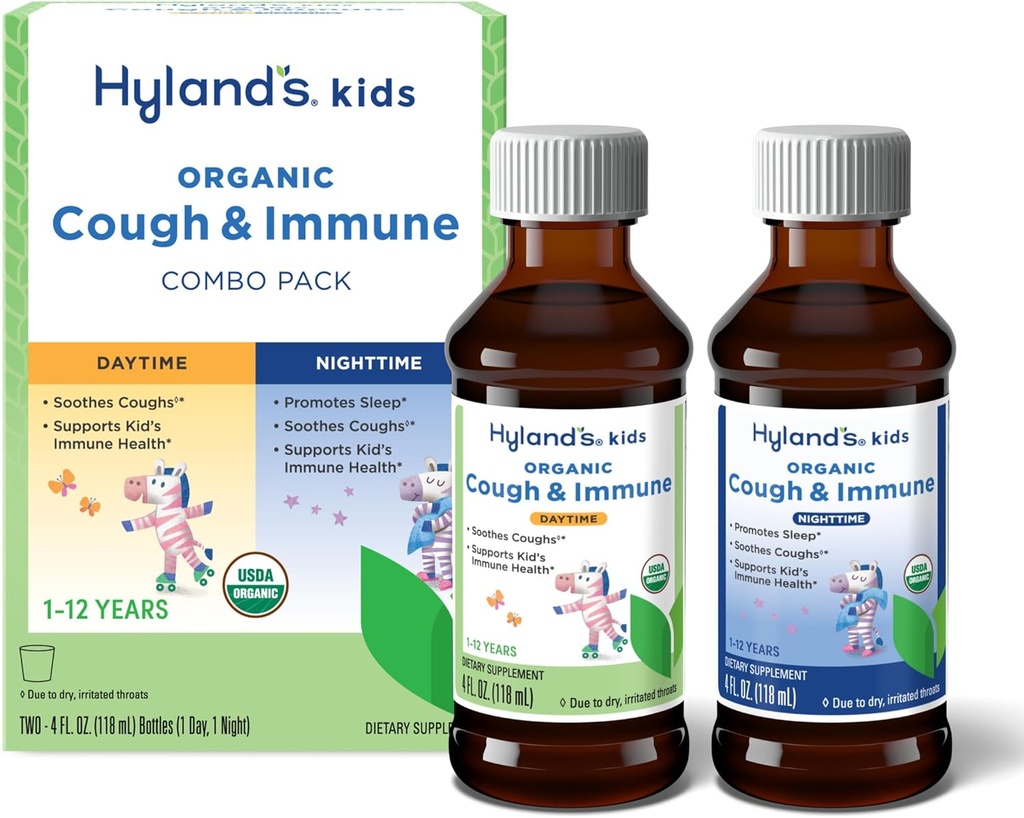 Hiland's Kids Organic Cough and Immune Day and Night Combo Pack, Eases Coughs, Supports Immunity, Promotes Sleep, Two 4 Fl Oz. Bottles (8 fl oz)