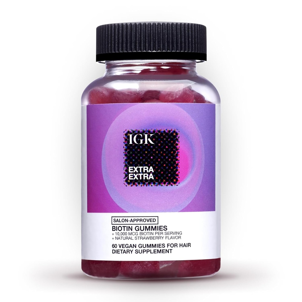 IGK Biotin Hair Gummies 10,000mcg Biotin (60 Conde), Strawberry Flavored, Hair Growth Supplement Gummies for Healthy Hair, Skin & Nails, Vegan, Help Combat Hair Loss & Thinning