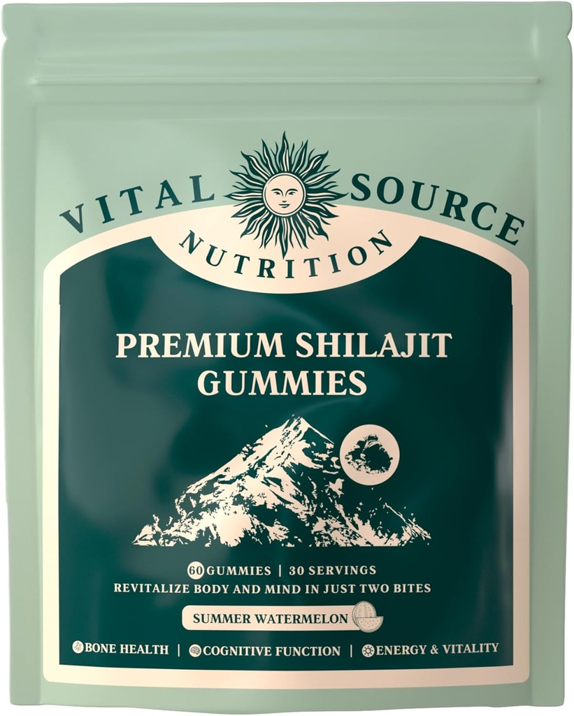 Vital Source Nutrition - Premium Shilajit Gummies - Bone, Brain, Energy & Vitality Support - Himalayan Organic Shilajit - Vegan, Gluten-Free &amp; Summer Watermelon - 60 Gummies - 30 Serviciones