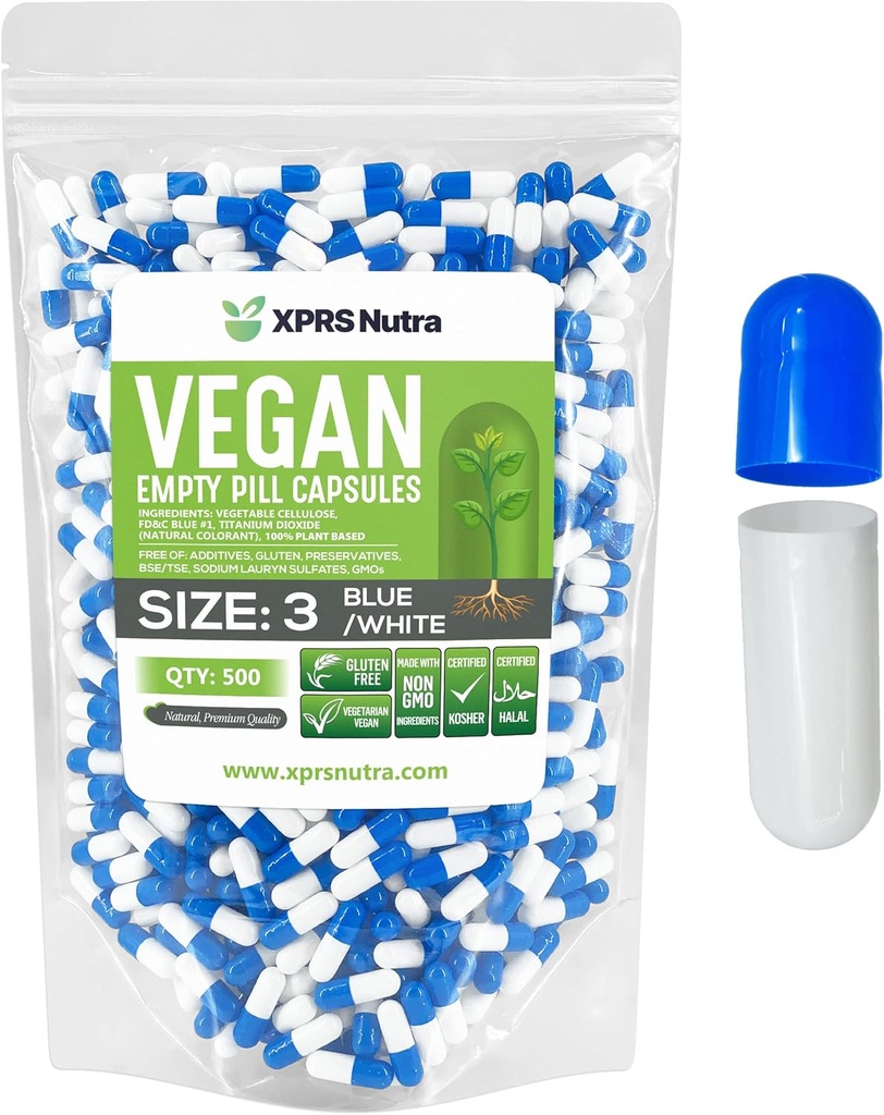 XPRS Nutra Tamaño 3 cápsulas vacías - 500 cápsulas vacías vacíos - píldoras vegetarianas - relleno de cápsulas de bricolaje de bricolaje para verduras (Blue/White)