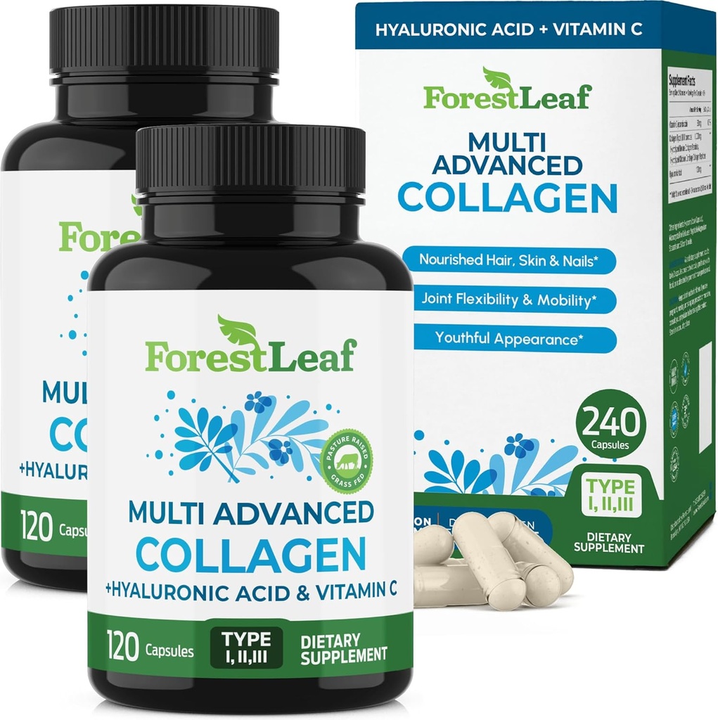 Pilles multi colágeno ForestLeaf con ácido hialurónico + Vitamina C TENIDO Suplementos de colágeno hidrolizado para mujeres o hombres TENIDO Cápsulas multi colágeno Peptidos para la piel, las arrugas, 240