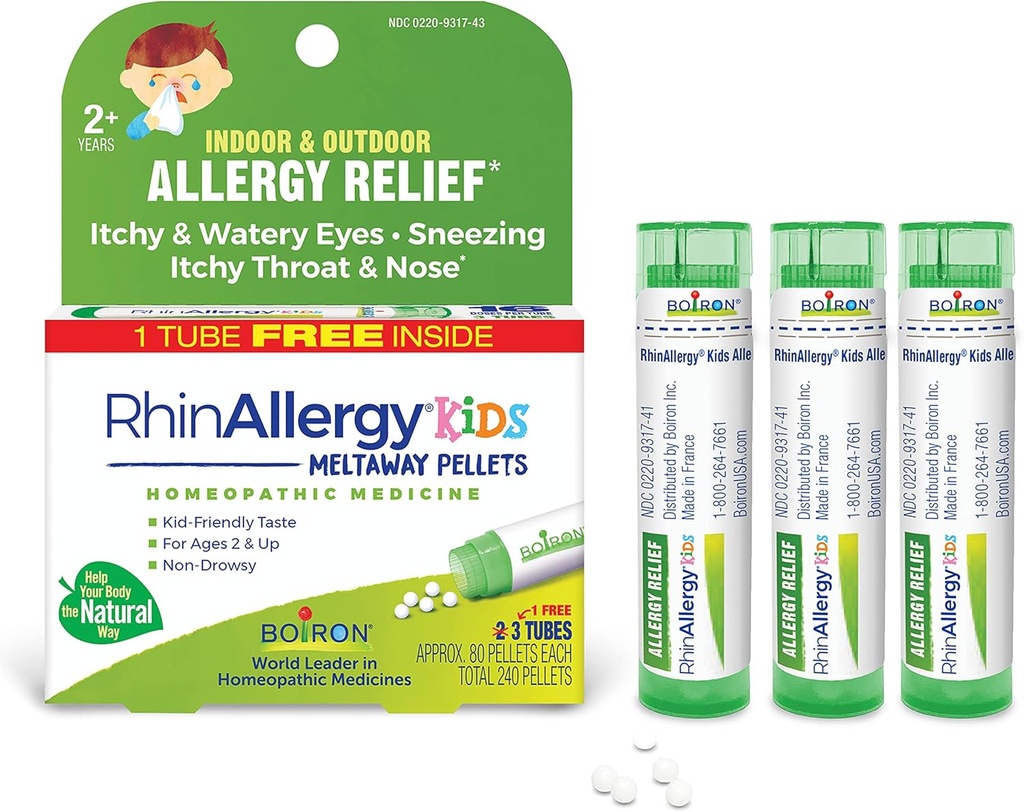 Boiron RinAlergía Niños Pellets para Alivio de los Síntomas de Alergia de Sneezing, Runny Nose y Itchy Eyes o Throat - 3 Conde (240 Pellets)