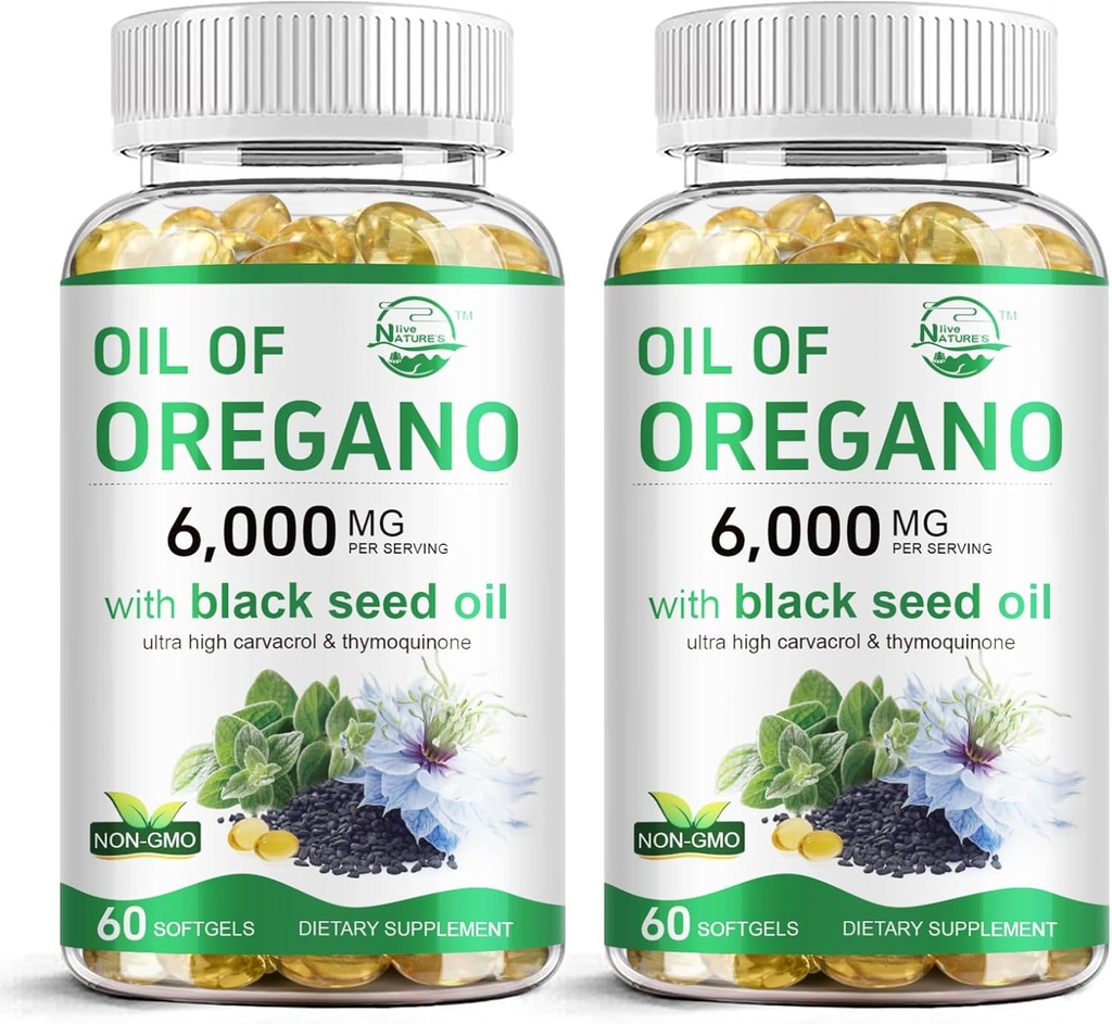 Óleo vivo de la naturaleza de orégano con aceite de semilla negra, 2 en 1 Suplemento de orégano para la salud inmune, retiene carvacrol concentrado alto " Thymoquinone, Non-GMO, 60 Softgels, 2 Pack