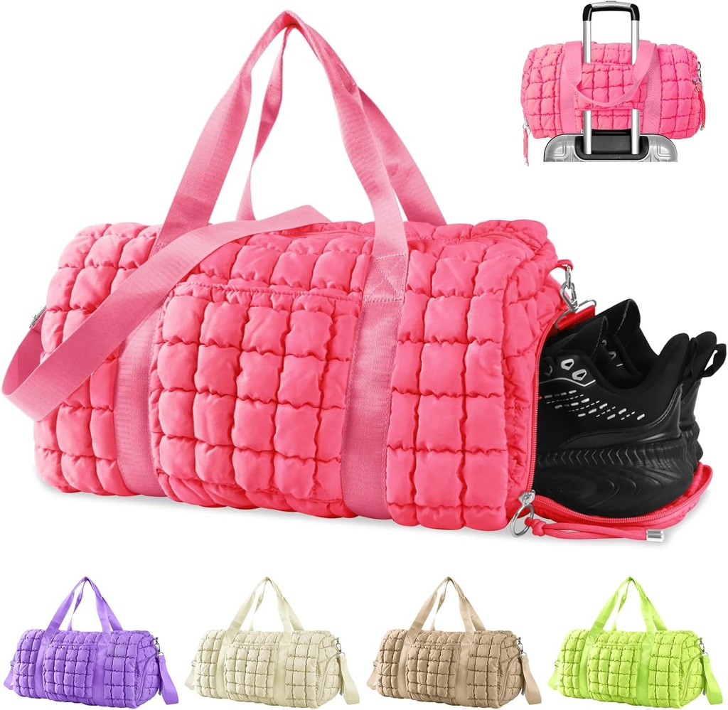 Quilted Gym Bag Duffle for Women,Duffle Bag for Travel with Shoes Compartment,Puffer Weekender Bags Overnight Carry On Bag with Trolley Sleeve for Airplanes,Personal Item Sports Duffel Dance Bag(Pink)