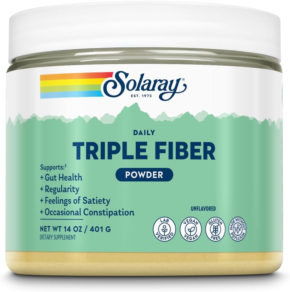 SOLARAY Triple Fiber Powder - Suplemento diario de fibra para mujeres y hombres w / prebióticos - Salud Gut, estreñimiento ocasional, Apoyo a la salud digestivo, Deflavorado, Vegan, Gluten Gratis, 30 Servimientos, 14oz