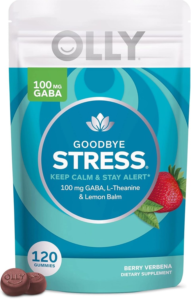 OLLY Adiós Stress Gummy, GABA, L-Theanine, Lemon Balm, Stress Relief Supplement, Berry Flavor - 120 Count