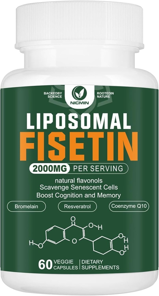 Suplemento de Fisetina Liposomal, 2000MG, 98% Antioxidantes Pure Fisetin Polyphenols, con Quercetin, TMG y Resveratrol, para el envejecimiento saludable, soporte cognitivo, 60 cápsulas