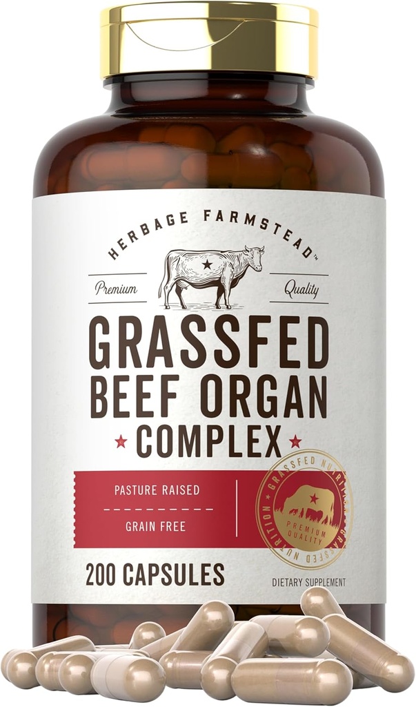 Carlyle Grass Fed Beef Organ Complex  200 Capsules ← Pasture Raised, Grain Free Supplement  with Desiccated Liver, Kidney, Pancreas, Heart, Spleen ← Non-GMO, Gluten Free ← Herbage Farmstead