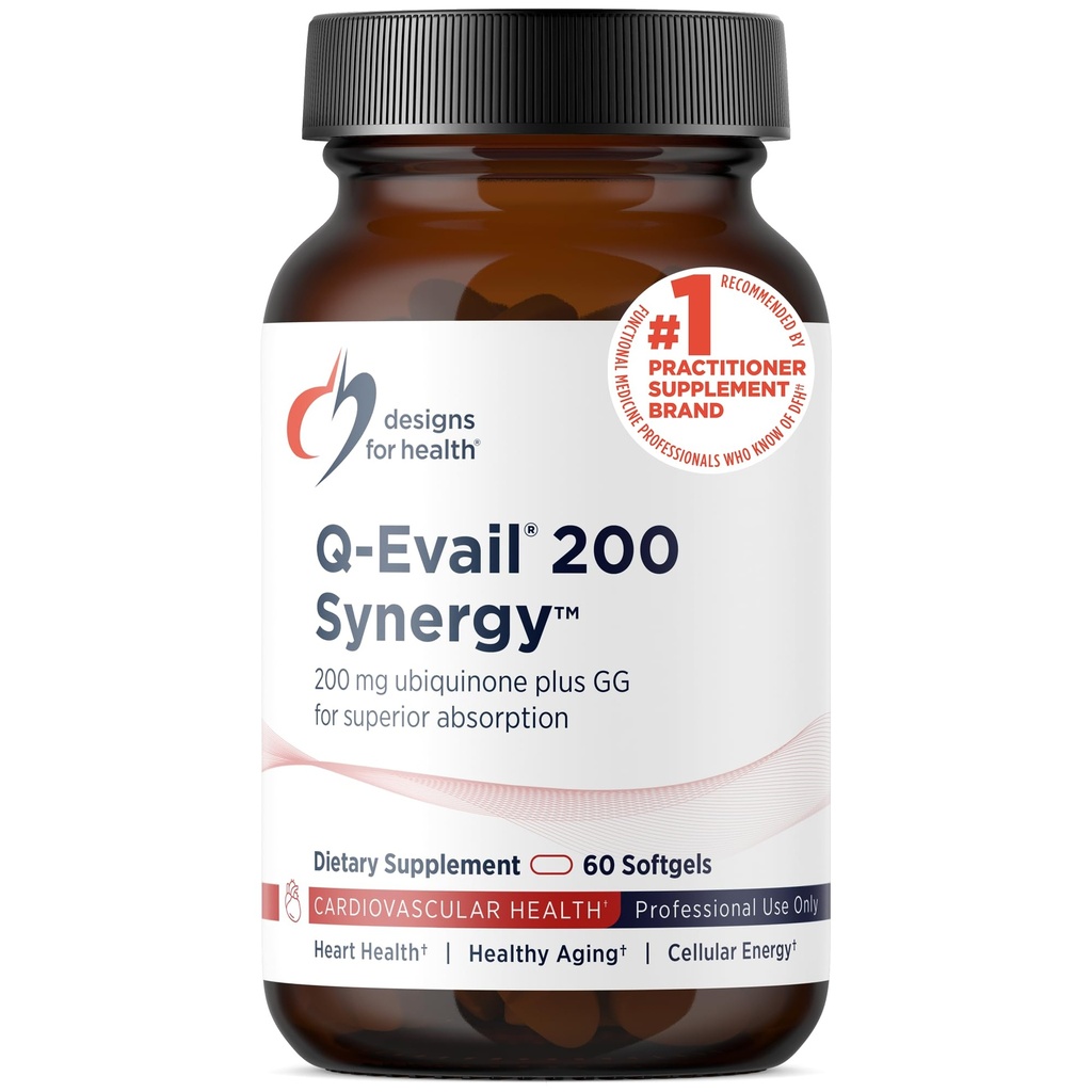 Diseños para salud Q-Evail 200-200mg CoQ10 Altamente Bioavailable Ubiquinone - Coenzyme Q10 con MCT + Tocoferoles mixtos para promover la absorción superior - Non-GMO (60 Softgels)