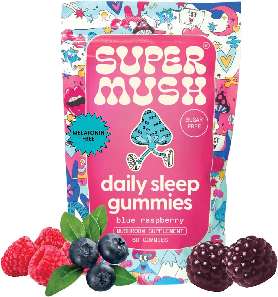 SuperMush Sleep Gummies for Adults - Mushroom Supplement with Magnesium Citrate, L-Theanine, Chaga, Reishi & Chamomile for Deep Sleep, REM & Detox - Vegan &amp; Sugar-Free - 60 Gummies (30 Servings)