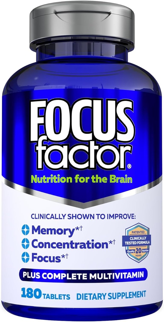 Factor de foco Suplemento cerebral Multivitamínico Mejorar la memoria y la claridad Concentración de botas Neuro Energía Aprendizaje Razonamiento para Hombres y Mujeres 180 Tabletas