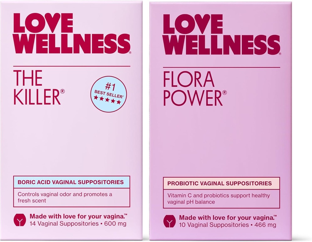 Love Wellness The Killer & Flora Power ← Vaginal Suppository Duo with Boric Acid, Probióticos " Vitamina C ← Apoya pH Balance, Odor Control " Feminine Health ← Fragrance-Free, Non-GMO " Paraben Free