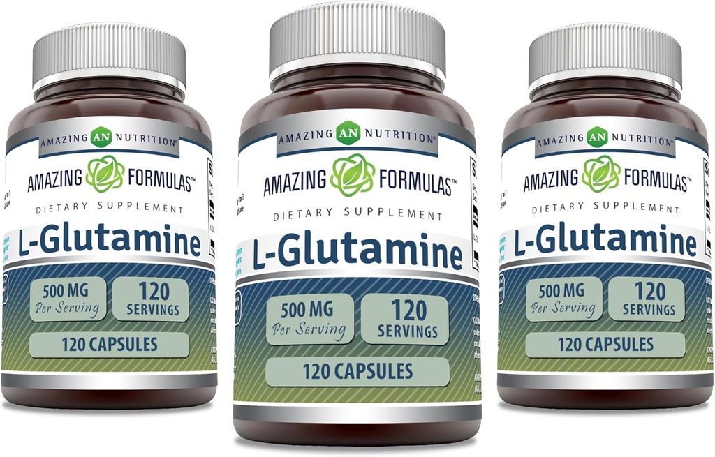 Fórmulas increíbles L-Glutamina 500 mg Capsules peru Amino Acid Suplemento Silencio No GMO Silencio Gluten Free ← Made in USA (3 Pack, 120 Count)