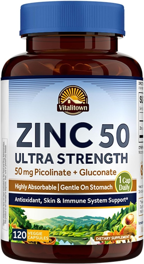 Vitalitown Chelated Zinc 50 mg, Zinc Picolinate & Gluconate, 120 Veggie Capsules, Well-Absorbed, Immune System, Healthy Skin &amp; Development, Vegan, Non-GMO