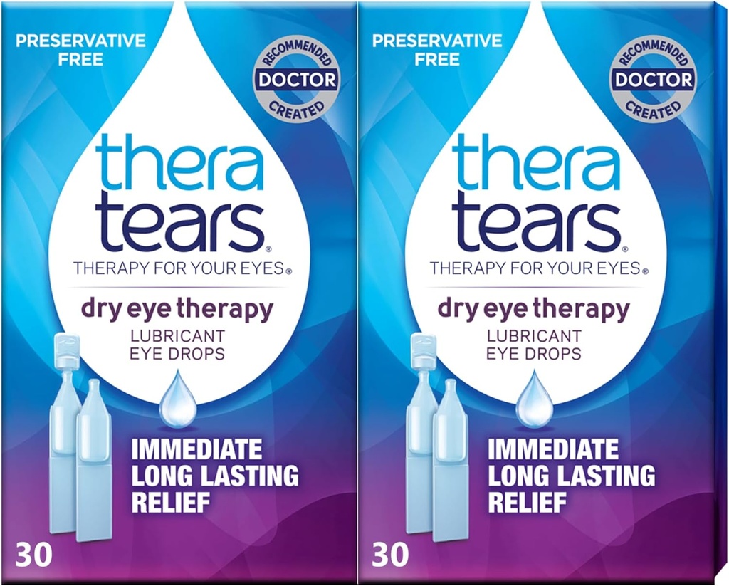 TeraTears Terapia de ojos secos Tiradas de ojos lubricantes para ojos secos, gotas de ojos libres conservativas, 30 Viales de uso único (2 Pack)