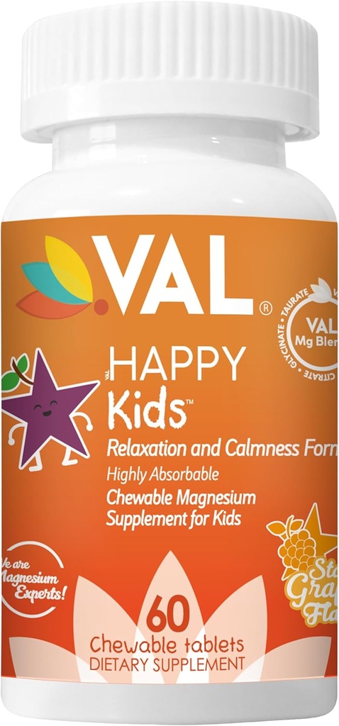 Magnesio de VAL para niños TENIDO Magnesio de alta absorción para calma, relajación " Enfórmese en Mg Glycinate, Citrate " Taurate TENIDO con Vitamina B6, D " C TENIDO Sin azúcar, sin azúcar TENIDO 60 Tabletas Chewable