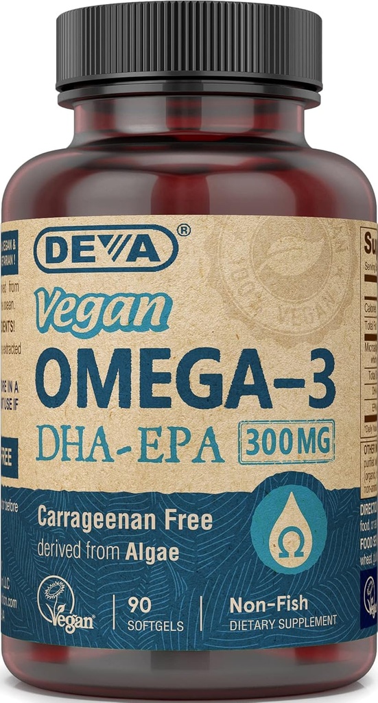 DEVA Vegan Omega-3 DHA EPA Suplemento de una vez por día Softgel 300 MG - Carrageenan Gelatin " Gluten Free - Ácidos grasos de aceite de algas no fresas - 90 Softgels