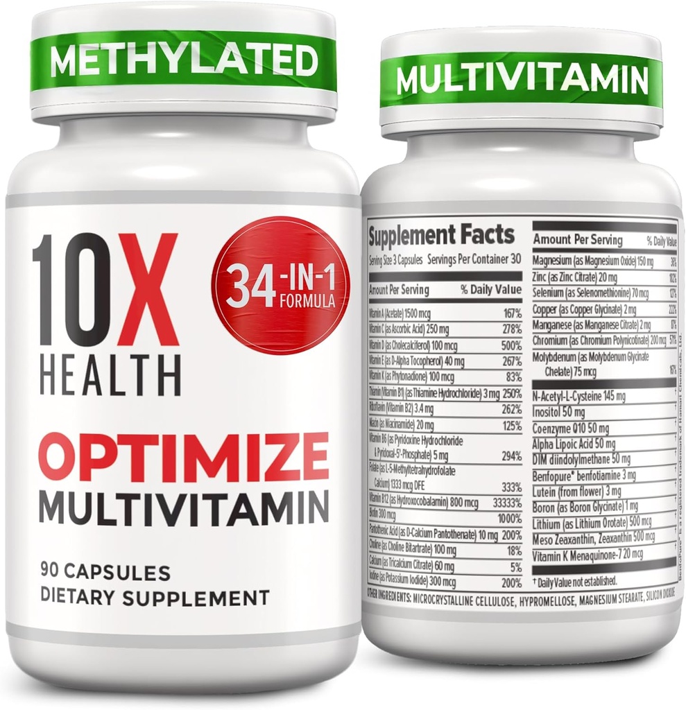 10X Health Optimize Multivitamin for Men - 90 Capsules, Multivitamina Metilada 34 en 1 Fórmula con 800 mcg de vitamina B12, 5-MTHF, NAC - Complejo Metil B, Suplemento MTHFR