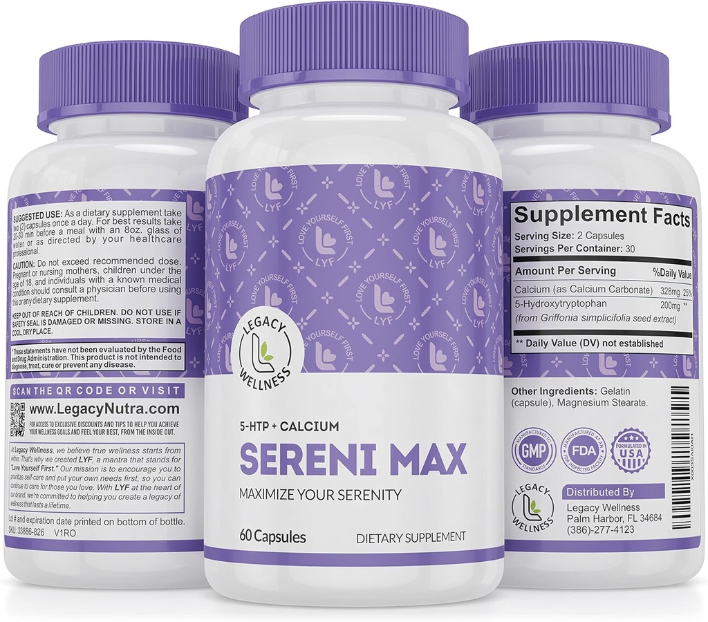 SERINI-MAX - 5-HTP Mood Support Supplement + Calcium - Supports Calm " Peaceful State of Mind - Boost Serotonin, 5HTP 200mg for Stress Management " Sleep Support Supplements - 60 Capsules