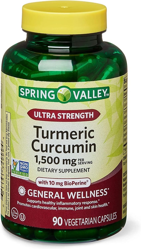 Spring Health 2 Set- Spring Valley Ultra-Strength Turmeric Curcumin 1,500mg 90 cápsulas + su guía de vitaminas, 1.0 cuenta
