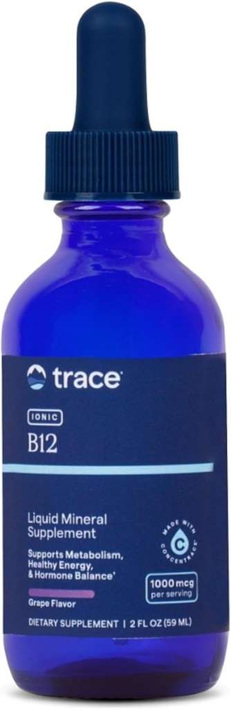 Trace Minerals ← Vitamina Iónica Líquida B12 1000 mcg tención Suplemento dietético alimentado por Concentrace Espectro completo Minerales Iónicos TENIDO 2 fl oz, 59 Servimientos