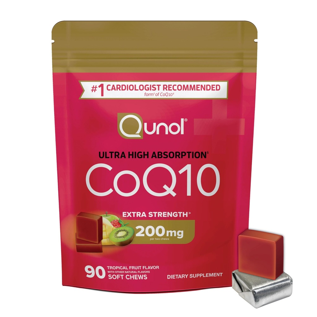 Qunol CoQ10 200mg Soft Chews, Extra Strength & Ultra High Absorption Coenzyme Q10 Suplemento, #1 Cardiologist Recommended Supplement for Heart Health, 90 Count